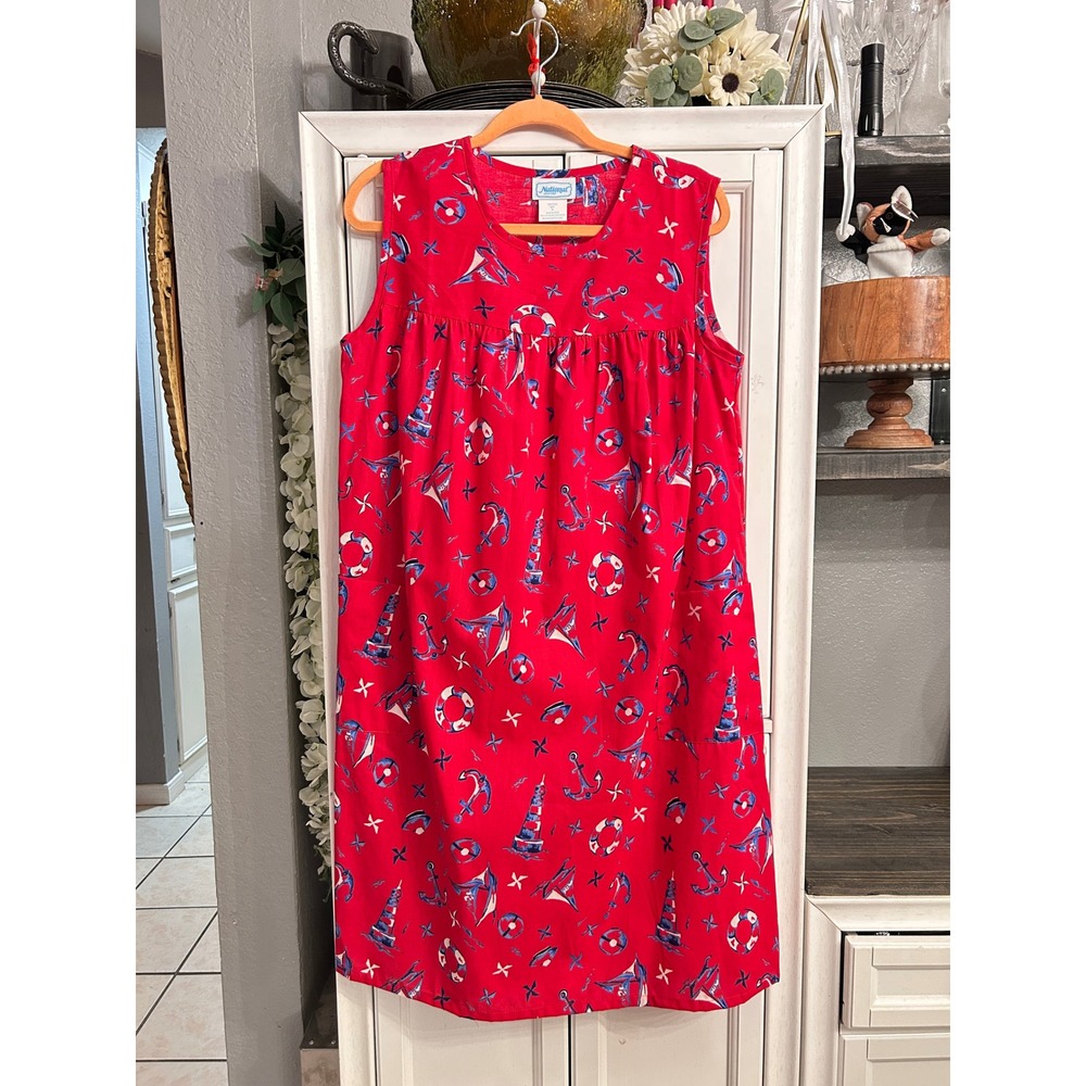 Vintage Red Nautical Print Sleeveless House Dress Muumuu Americana Medium